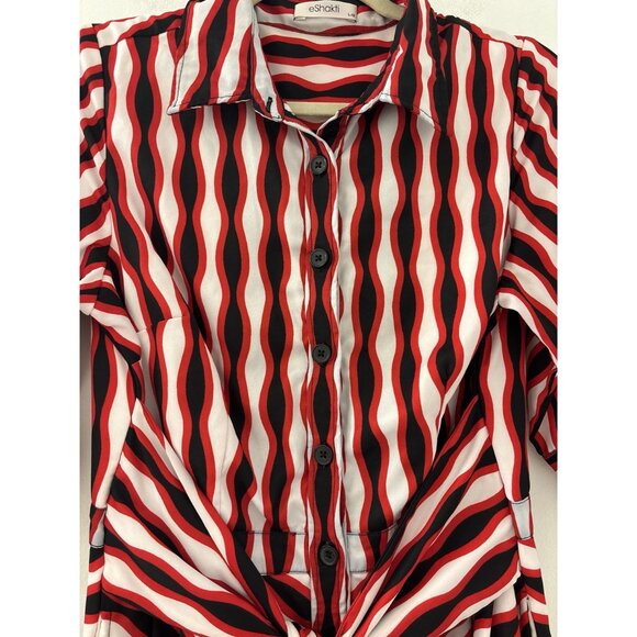 Eshakti Women's Red and Black Tie waist stripe print crepe shirtdress size Large - Picture 4 of 7